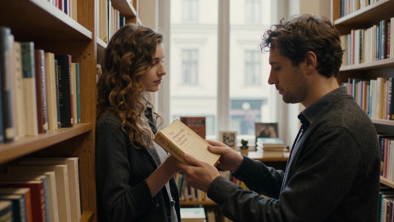 A woman handing a book to a man in a quiet bookstore, soft daylight, no technology visible, emotional connection.