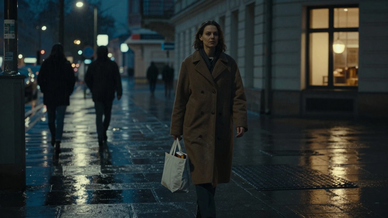 A woman walking alone in a rainy Berlin street at night, coat pulled tight, book in hand, no signs or ads.