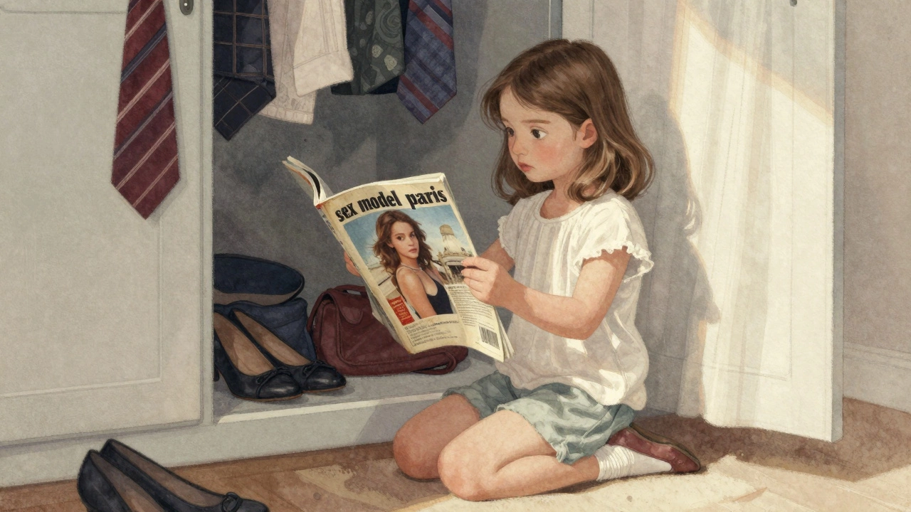 A young girl holding a magazine with a photo of a woman in Paris, sunlight filtering through a closet door.