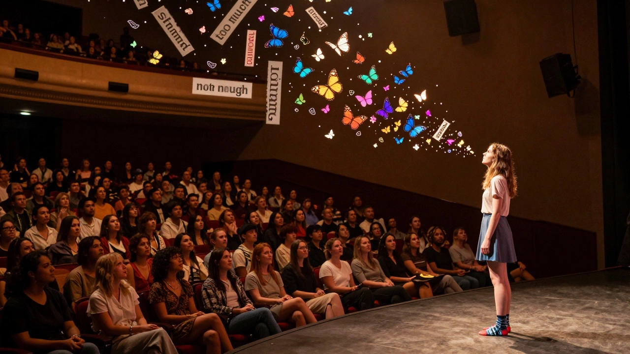 Floating words transform into butterflies above Rachel on stage, while diverse audience members look on warmly.